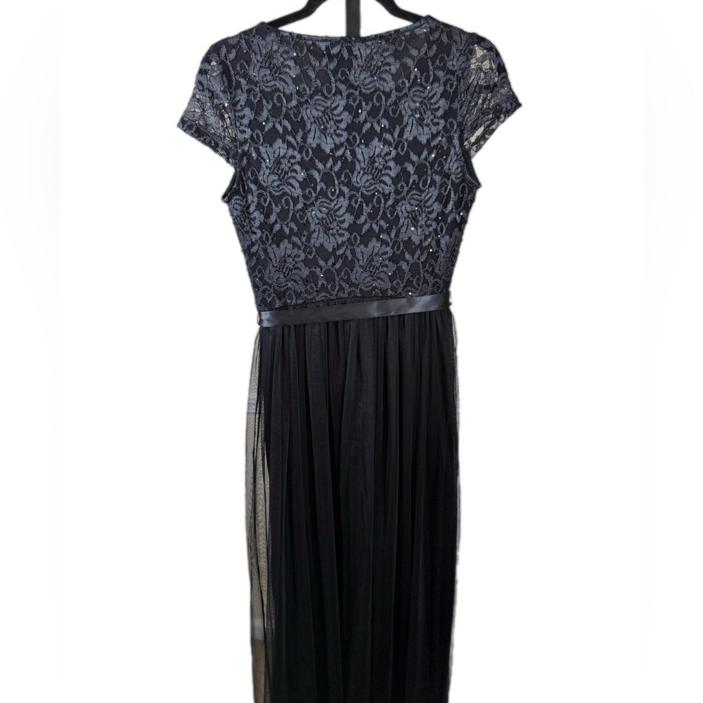 Elegant Lace Bodice Maxi Dress Black Tulle Overlay Formal Gown Prom Tie Small - Picture 3 of 8